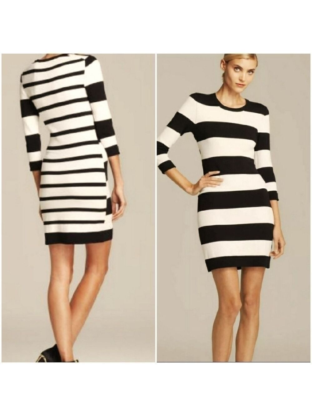 Philosophy Winter White Black Contrast Stripe Crewneck 3/4 Sleeve Dress Size XS